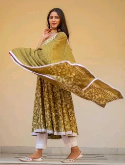 "Olive Green Floral Anarkali Suit with White Lace Trim" - XL