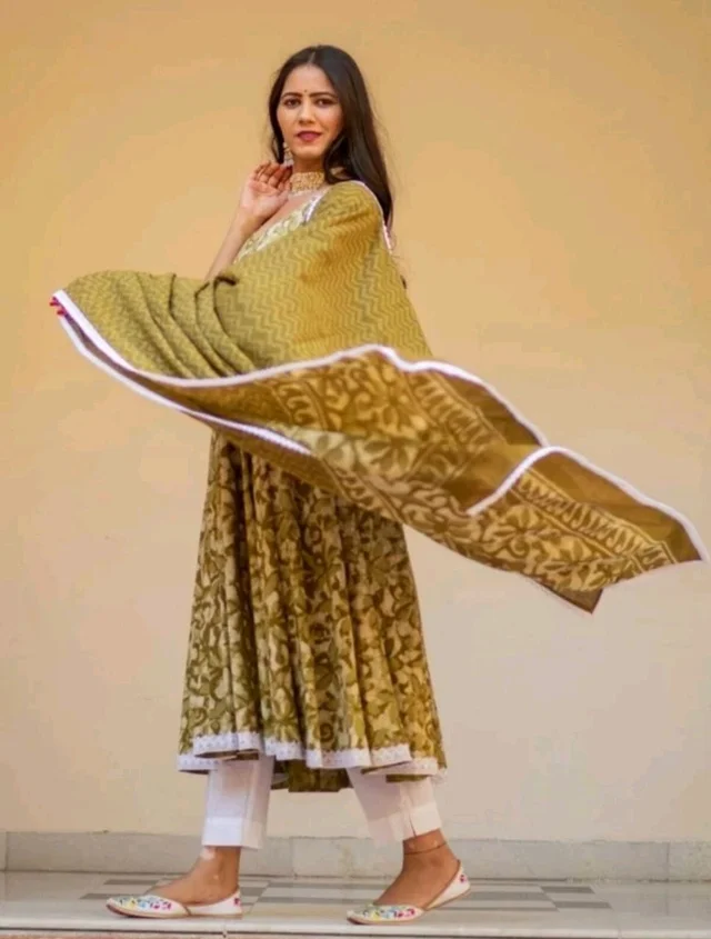"Olive Green Floral Anarkali Suit with White Lace Trim" - XXL