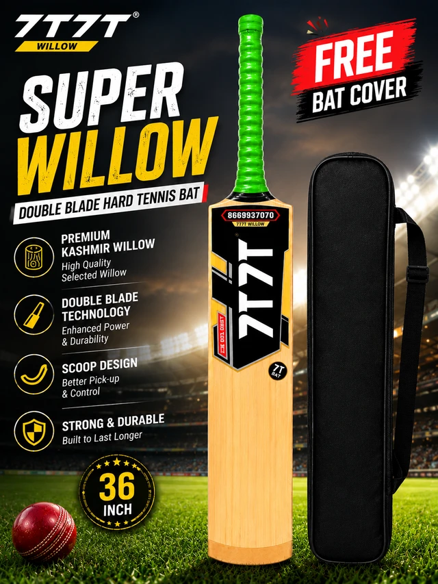 7T7T Power Willow Double Blade Hard Tennis Bat | Scoop Design Kashmir Willow Cricket Bat | Free Bat Cover -