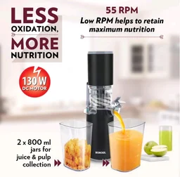 Borosil 130W Easy Cold Press Slow Juicer | Compact Design Portable Less Oxidation, Anti Drip Outlet Lid | Fruit & Vegetable Juicer