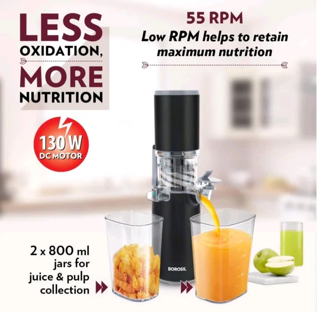 Borosil 130W Easy Cold Press Slow Juicer | Compact Design Portable Less Oxidation, Anti Drip Outlet Lid | Fruit & Vegetable Juicer
