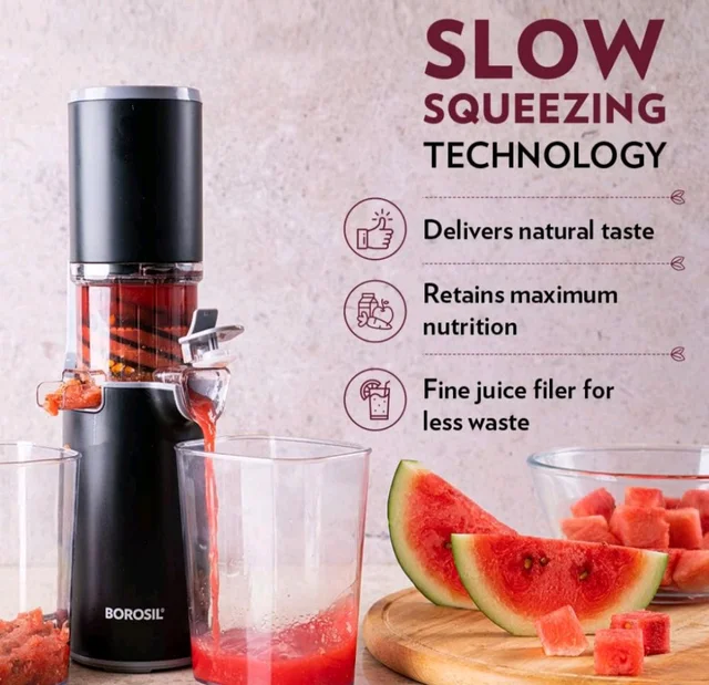Borosil 130W Easy Cold Press Slow Juicer | Compact Design Portable Less Oxidation, Anti Drip Outlet Lid | Fruit & Vegetable Juicer