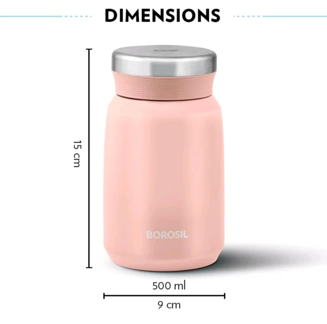 Borosil Hydra Carry Mate 500 ml Stainless Steel Double Wall Vacuum Insulated Soup Flask & Food Jar with Screw Lid - Black