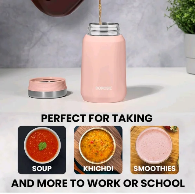 Borosil Hydra Carry Mate 500 ml Stainless Steel Double Wall Vacuum Insulated Soup Flask & Food Jar with Screw Lid - Black