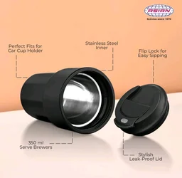 Asian Plastowares Java Mug 350ml Insulated Coffee & Tea Cup | Seen on Farah Khan Show! | Thermoware Spill-Proof Travel Mug - Black