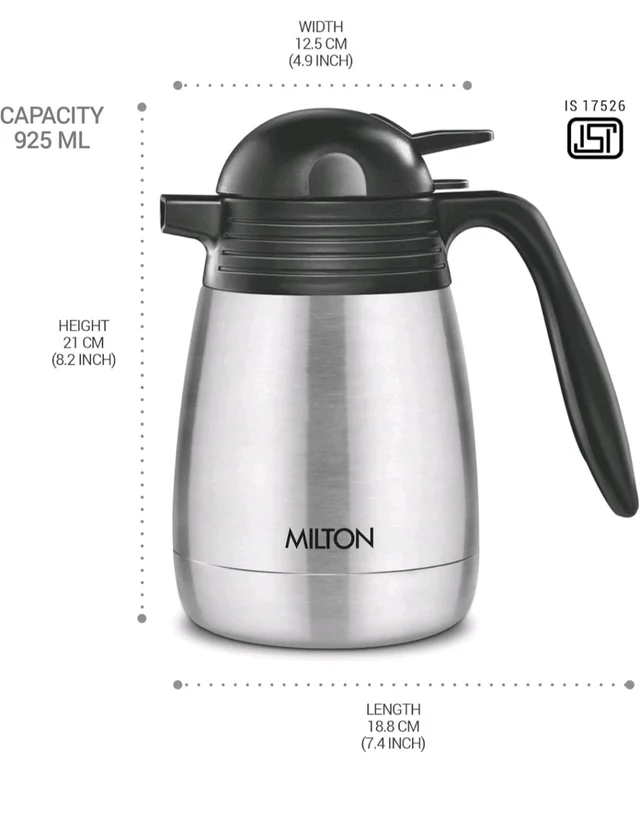 Milton Carafe Stainless Steel Double Walled Vacuum Insulated Flask with Lid and Handle, Silver, ISI Certified, Coffee/Tea Carafe Heat & Cold Retention, Leak Proof, Rust Free, Easy to Carry - 600ml