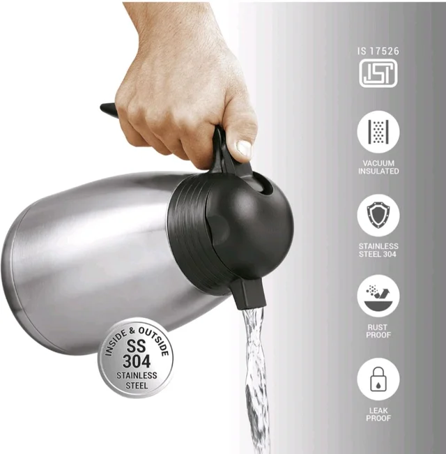 Milton Carafe Stainless Steel Double Walled Vacuum Insulated Flask with Lid and Handle, Silver, ISI Certified, Coffee/Tea Carafe Heat & Cold Retention, Leak Proof, Rust Free, Easy to Carry - 1500ml