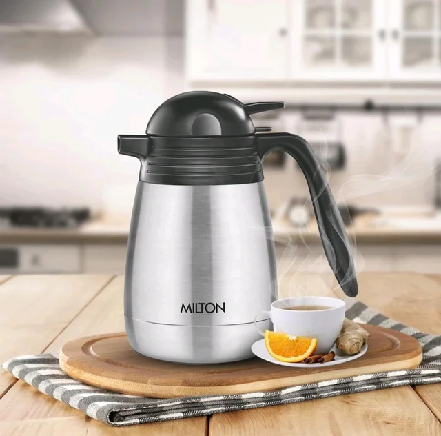Milton Carafe Stainless Steel Double Walled Vacuum Insulated Flask with Lid and Handle, Silver, ISI Certified, Coffee/Tea Carafe Heat & Cold Retention, Leak Proof, Rust Free, Easy to Carry - 2000ml
