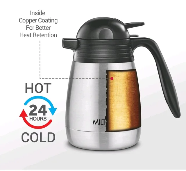 Milton Carafe Stainless Steel Double Walled Vacuum Insulated Flask with Lid and Handle, Silver, ISI Certified, Coffee/Tea Carafe Heat & Cold Retention, Leak Proof, Rust Free, Easy to Carry - 2000ml