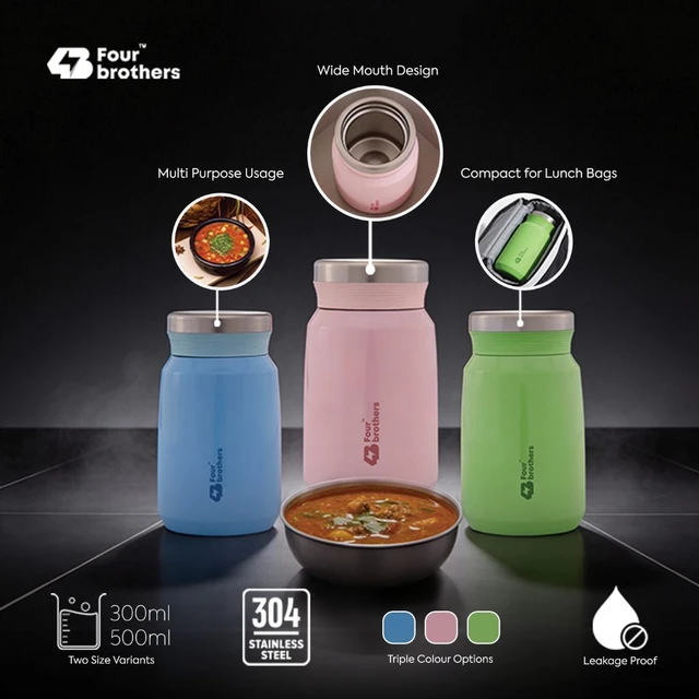Four Brother Stailess Steel Airtight & Leakproof Sambar and Soup Jar 500ml - Green