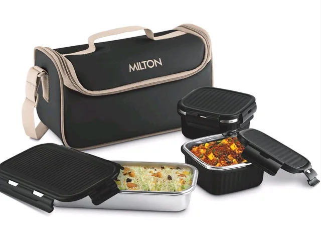 Milton Lush Lunch Box 1 Stainless Steel Container + 2 Microwave Safe, Cool Touch Body SS Container I BPA Free I Stylish Durable Jacket I Ideal for Office, School, Outdoor, Picnic - Black