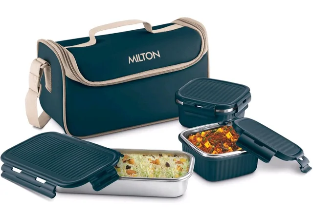 Milton Lush Lunch Box 1 Stainless Steel Container + 2 Microwave Safe, Cool Touch Body SS Container I BPA Free I Stylish Durable Jacket I Ideal for Office, School, Outdoor, Picnic - Royal Blue