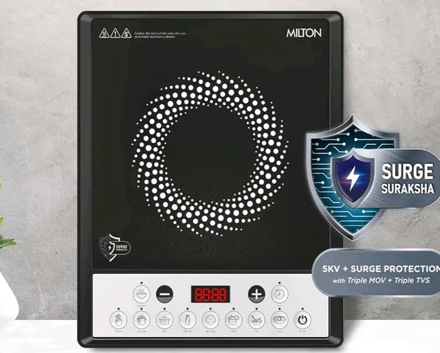 Milton Euroline Elio 16.0 Portable 1600 W Induction Cooktop | LED Display Panel, 5KV Surge Protection | Timer & Preset Menu Functions | Soft Touch Buttons | Fast Cooking | 3-Year Warranty on Coil