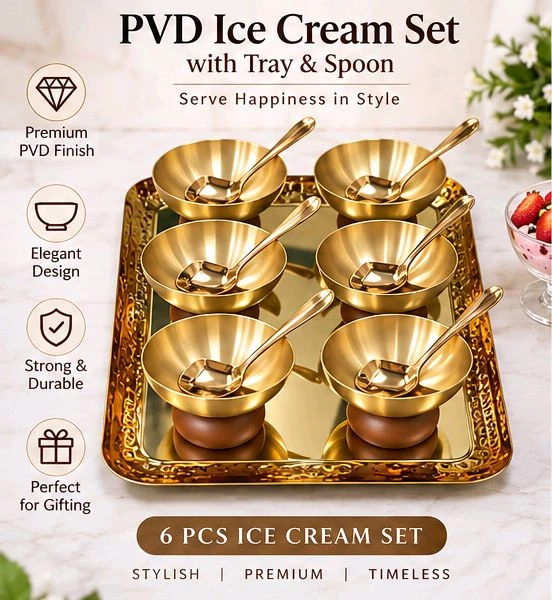 6 Pcs PVD Gold Ice Cream Bowl Set with Serving Tray & Ice Cream Spoons | Premium Dessert Serving Set
