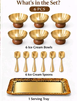 6 Pcs PVD Gold Ice Cream Bowl Set with Serving Tray & Ice Cream Spoons | Premium Dessert Serving Set