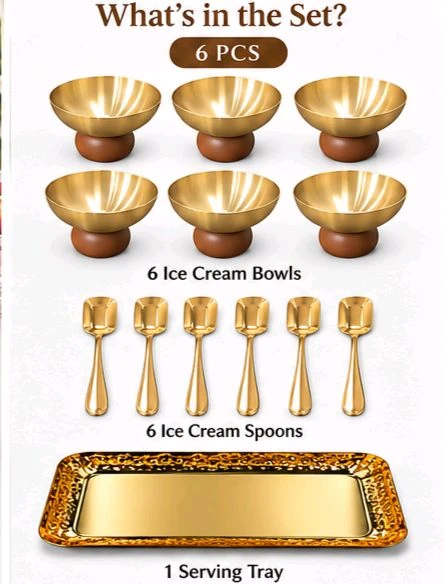 6 Pcs PVD Gold Ice Cream Bowl Set with Serving Tray & Ice Cream Spoons | Premium Dessert Serving Set