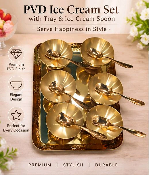 6 Pcs PVD Gold Ice Cream Bowl Set with Serving Tray & Ice Cream Spoons | Premium Dessert Serving Set