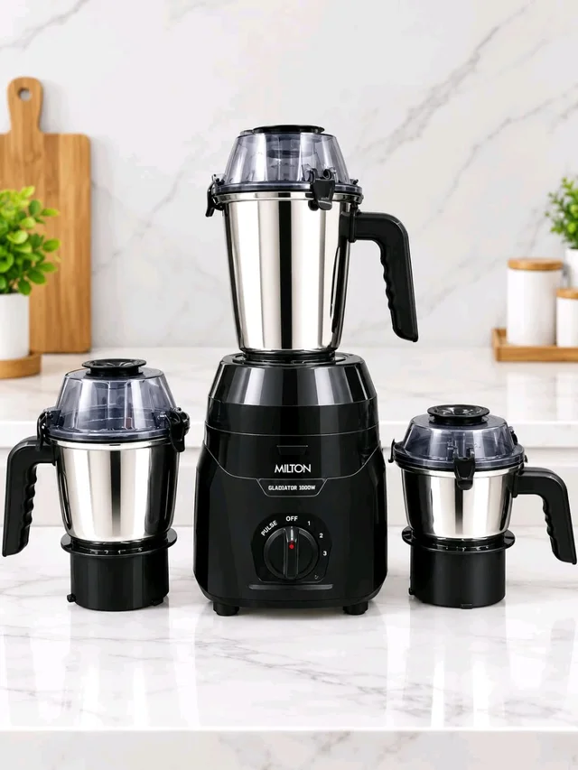 Gladiator 1000W Mixer Grinder | Powerful Motor | 3 Stainless Steel Jars | 3-Speed Control with Pulse | Black