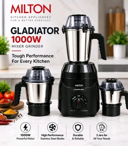 Milton Gladiator 1000W Mixer Grinder | Powerful Motor | 3 Stainless Steel Jars | 3-Speed Control with Pulse | Black