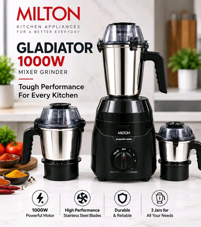Milton Gladiator 1000W Mixer Grinder | Powerful Motor | 3 Stainless Steel Jars | 3-Speed Control with Pulse | Black