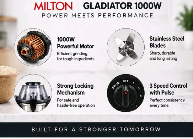 Milton Gladiator 1000W Mixer Grinder | Powerful Motor | 3 Stainless Steel Jars | 3-Speed Control with Pulse | Black