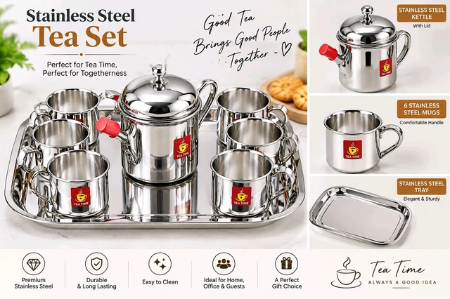 Stainless Steel Tea Set|One Steel Tray|Ine Kitli|Six Steel Mug|Perfect For Tea Time