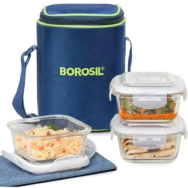 Borosil  Glass Lunch Box Set Of 3 Clear 320 Ml Microwave Safe Office Tiffin