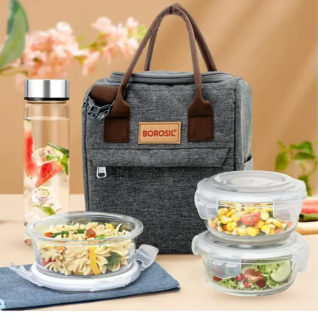 Borosil Gourmet Borosilicate Glass Lunchbox with Bag | 3 pc Set (320ml Each) + 1