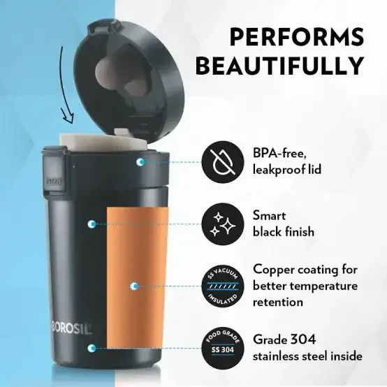BOROSIL Hydra Coffeemate 300 ml Stainless Steel Travel Mug Double Wall Vacuum - Base Variant