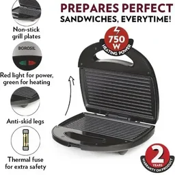 BOROSIL Neo Grill 2.0, 750 Watt, Bread Sandwich Maker, Makes 2 Sandwiches - Base Variant