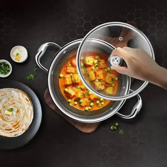 MILTON Pro Cook Hexa Tech Tri-Ply Stainless Steel Honeycomb Kadhai 28cm with Toughened Glass Lid (Non-Stick, Induction Compatible, Metal Spoon Friendly, Silver - 28cm