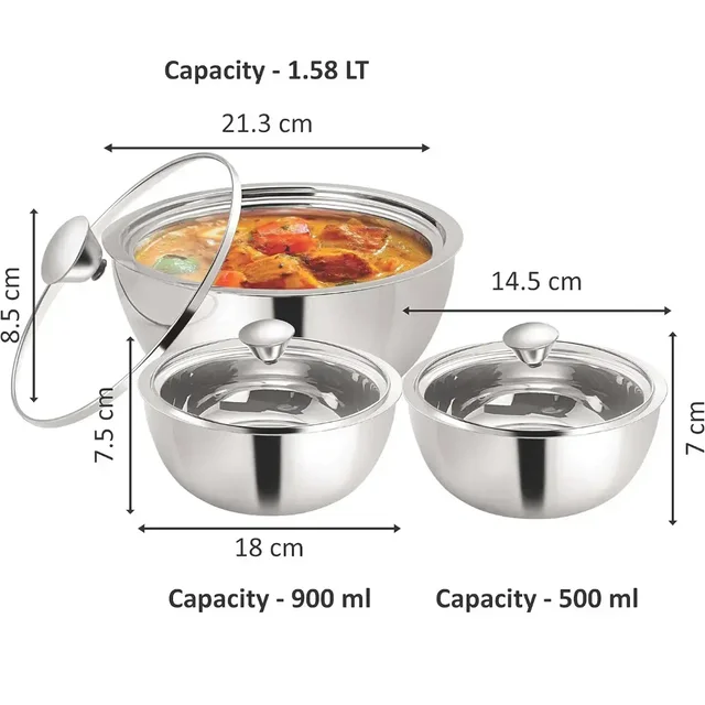 NanoNine Gravy Pot Double Wall Insulated S S Serve Fresh Casserole Set Of 3 - Base Variant