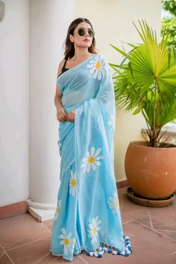 Floral Print Handloom Pure Cotton Saree (Light Blue)
