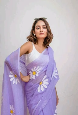 Floral Print Handloom Pure Cotton Saree (Purple)