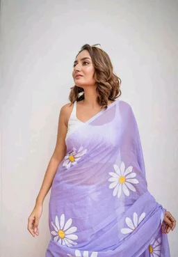 Floral Print Handloom Pure Cotton Saree (Purple)