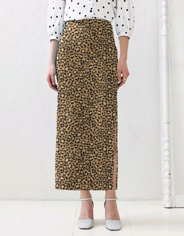 ROSEVERA Leopard Design Pencil Skirt - L, Yellow Orange