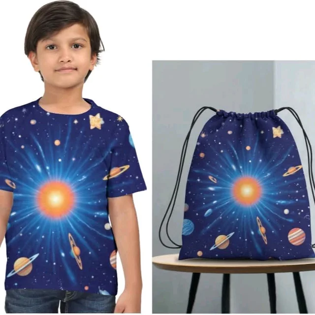 ROSEVERA AOP T-Shirt + Drawstring Bag - 7-8, Navy Blue