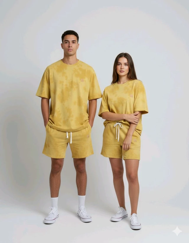 ROSEVERA Unisex Tie Dye Oversized T-Shirt & Shorts Combo - L, Yellow