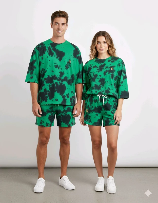 ROSEVERA Unisex Tie Dye Oversized T-Shirt & Shorts Combo - L, Green
