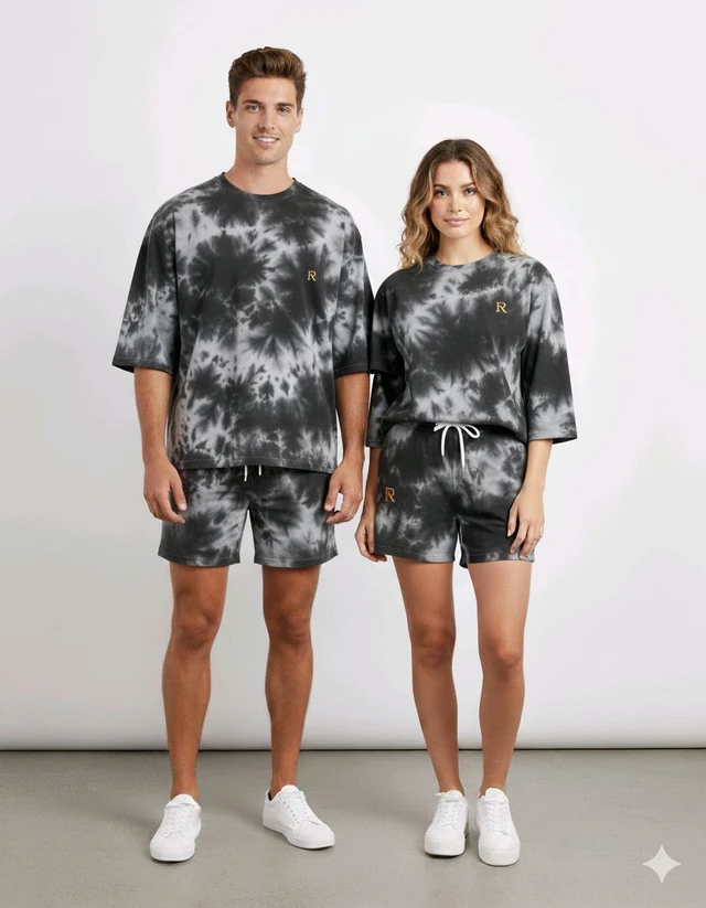 ROSEVERA Unisex Tie Dye Oversized T-Shirt & Shorts Combo - L, Gray