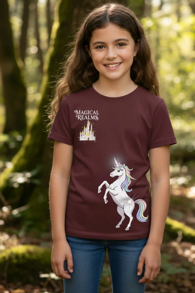 ROSEVERA Classic Crew T-Shirt – Unicorn Theme - 7-8, Maroon