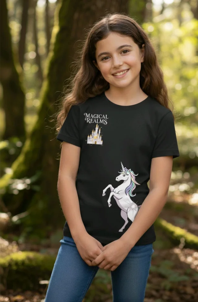 ROSEVERA Classic Crew T-Shirt – Unicorn Theme - 7-8, Black