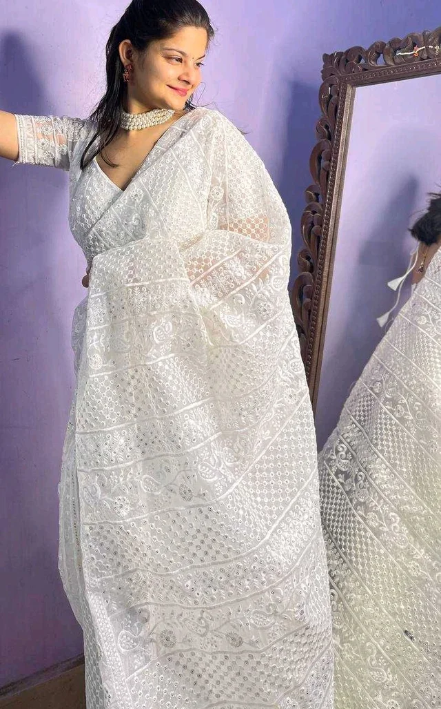 Organza White Saree - White