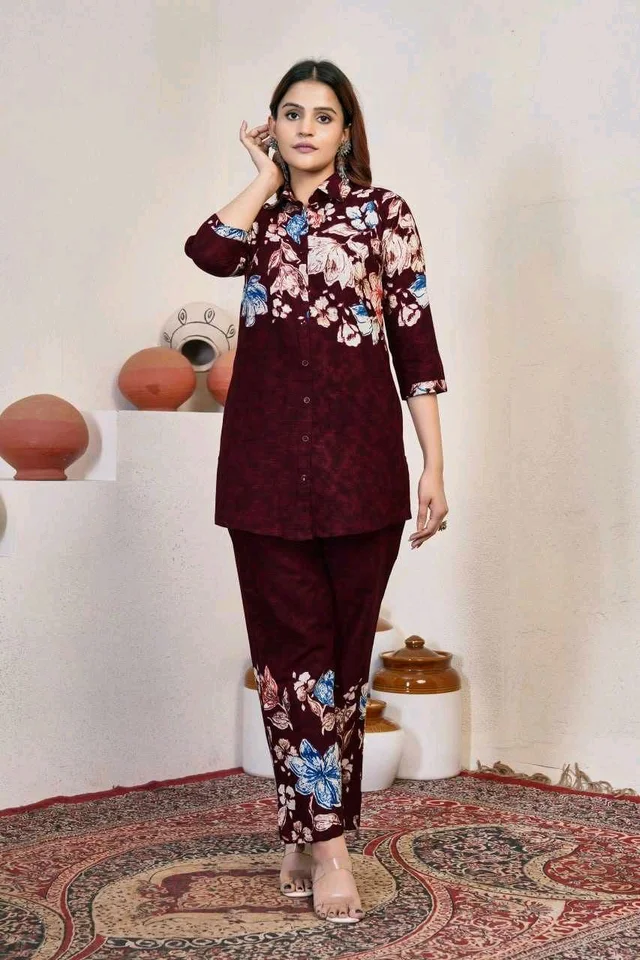 Women printed Top And Bottom (Plus Size) - wine, L