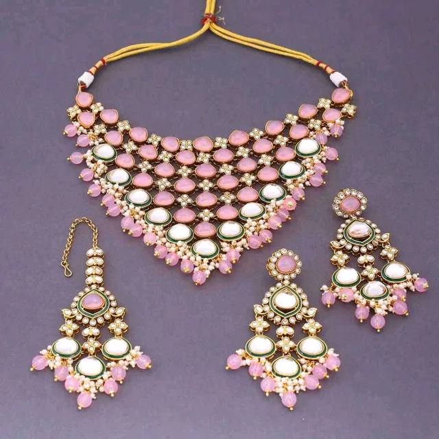Gold-Plated Kundan Jewellery Set - Pink