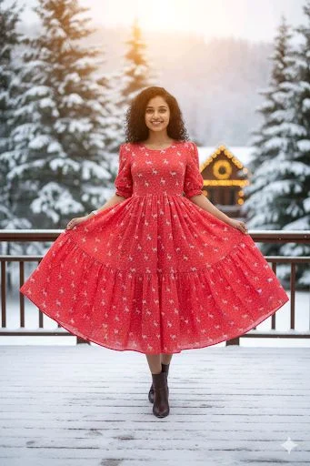 Christmas Special Hakoba Printed Maxi Dress - Red, XL