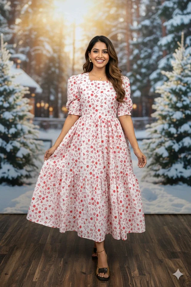 Christmas Special Hakoba Printed Maxi Dress - White, XL