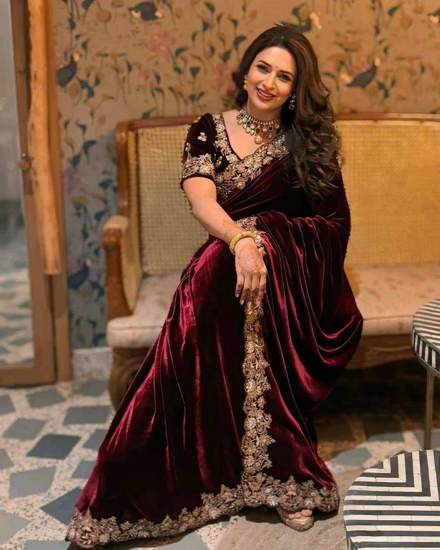 Luxury Designer Velvet Saree with Sequin & Jari Work - Maroon