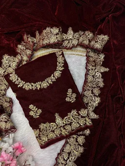 Luxury Designer Velvet Saree with Sequin & Jari Work - Maroon