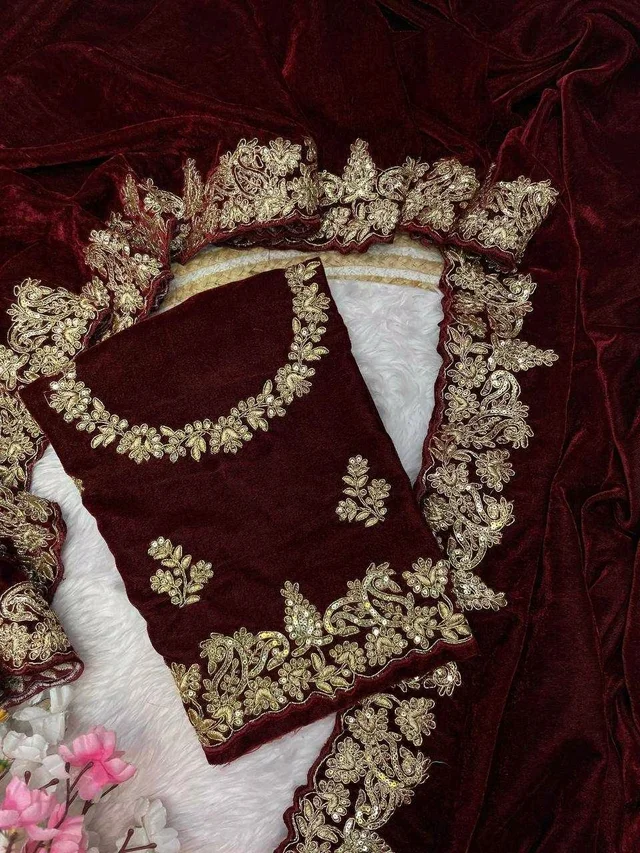 Luxury Designer Velvet Saree with Sequin & Jari Work - Maroon